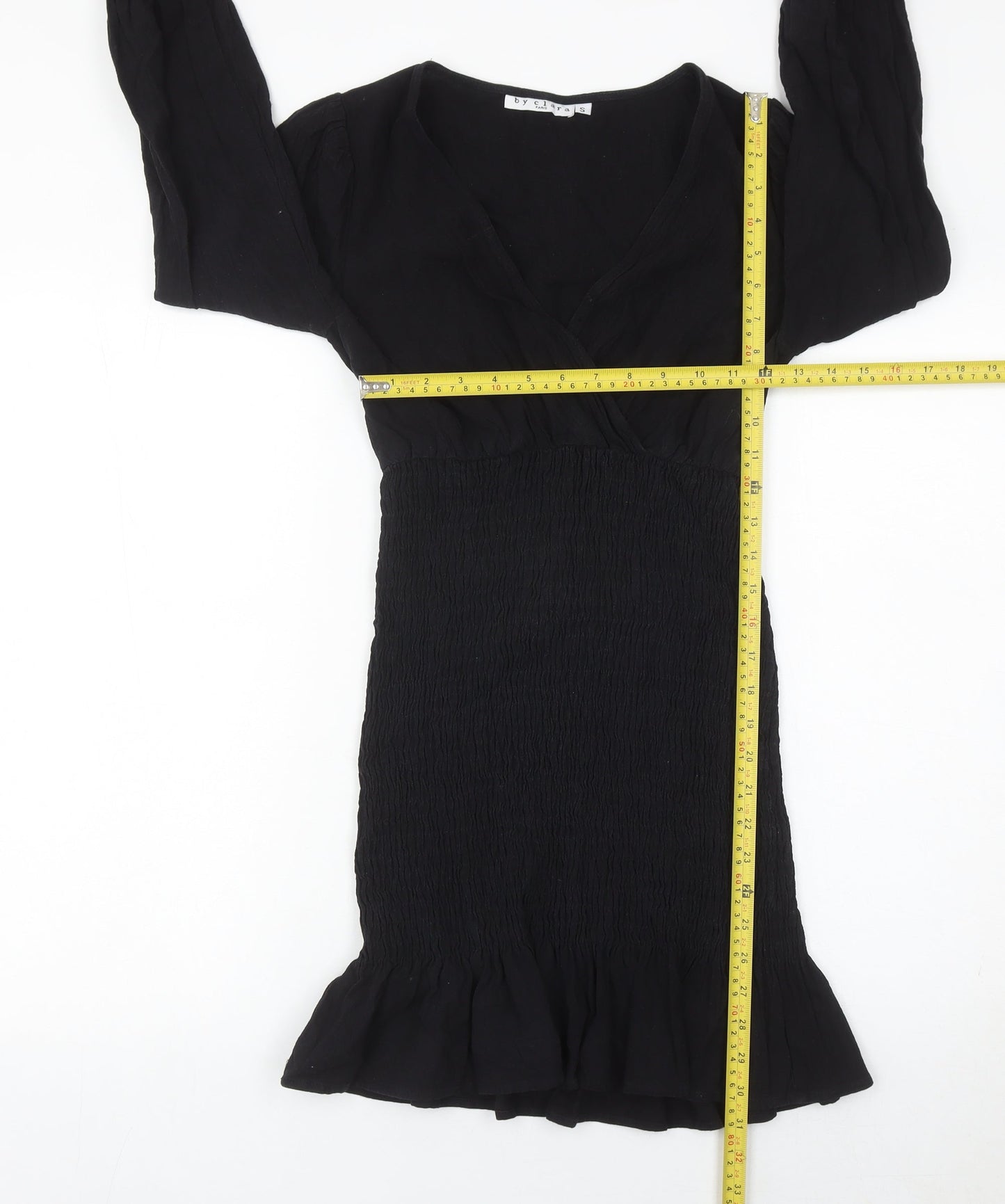 By Clara Women’s Black Short Sheath Dress Size S V-Neck Ruffle