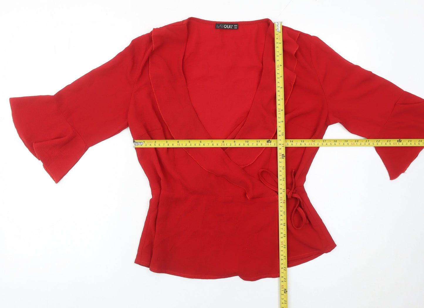 Quiz Womens Red Wrap Blouse Size 10 Bell Sleeve V-Neck Top