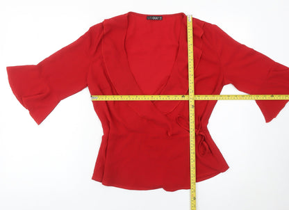 Quiz Womens Red Wrap Blouse Size 10 Bell Sleeve V-Neck Top