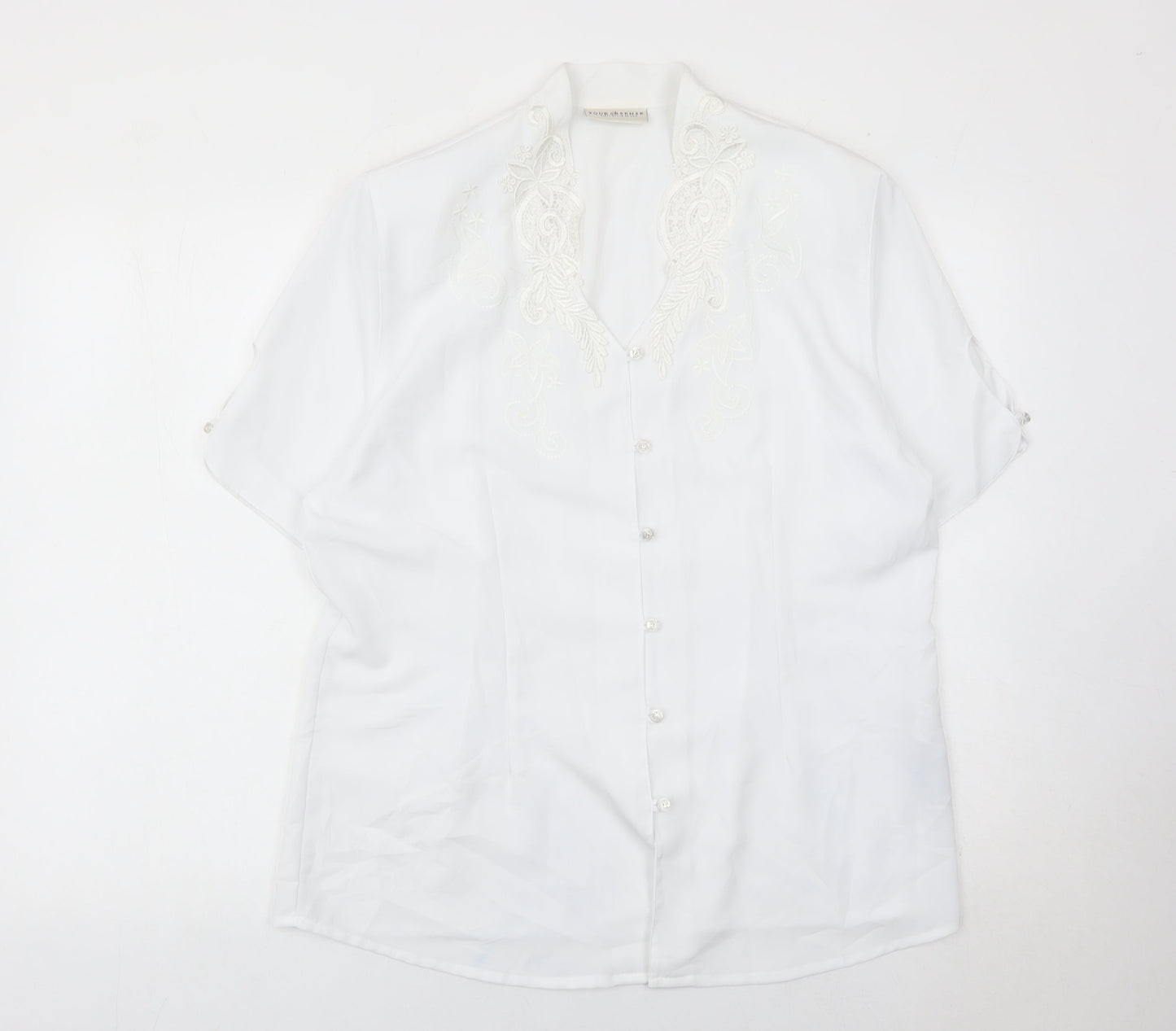 C&A Women White Embroidered Short Sleeve Blouse Size 16