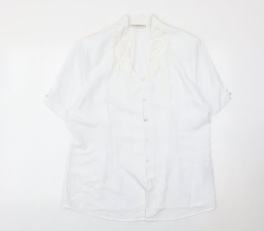 C&A Women White Embroidered Short Sleeve Blouse Size 16