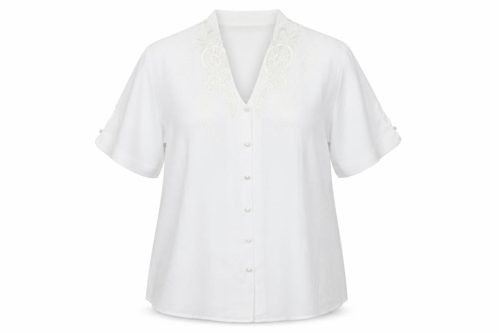 Front view of C&A Women White Embroidered Short Sleeve Blouse, size 16