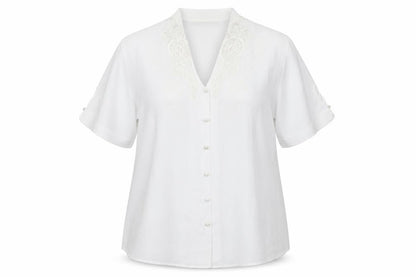 Front view of C&A Women White Embroidered Short Sleeve Blouse, size 16