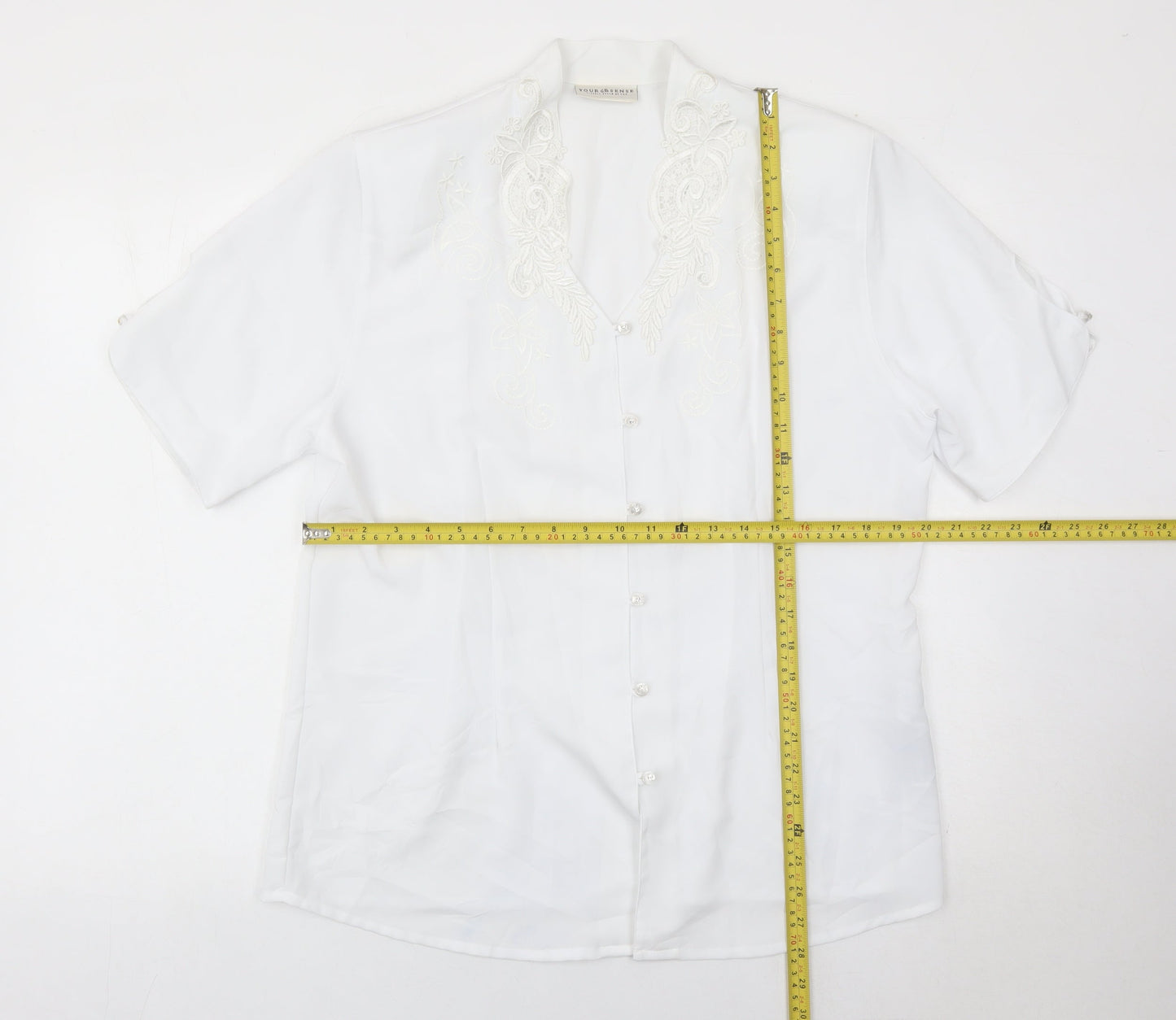C&A Women White Embroidered Short Sleeve Blouse Size 16