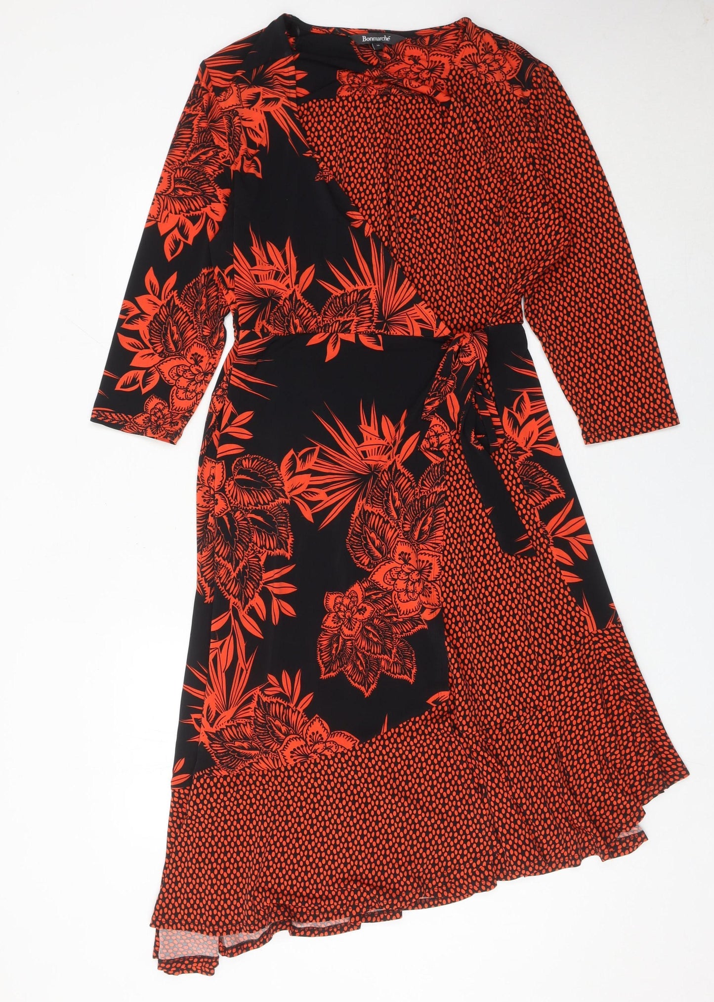 Bonmarché Women’s Black Red Floral Wrap Midi Dress Size 16