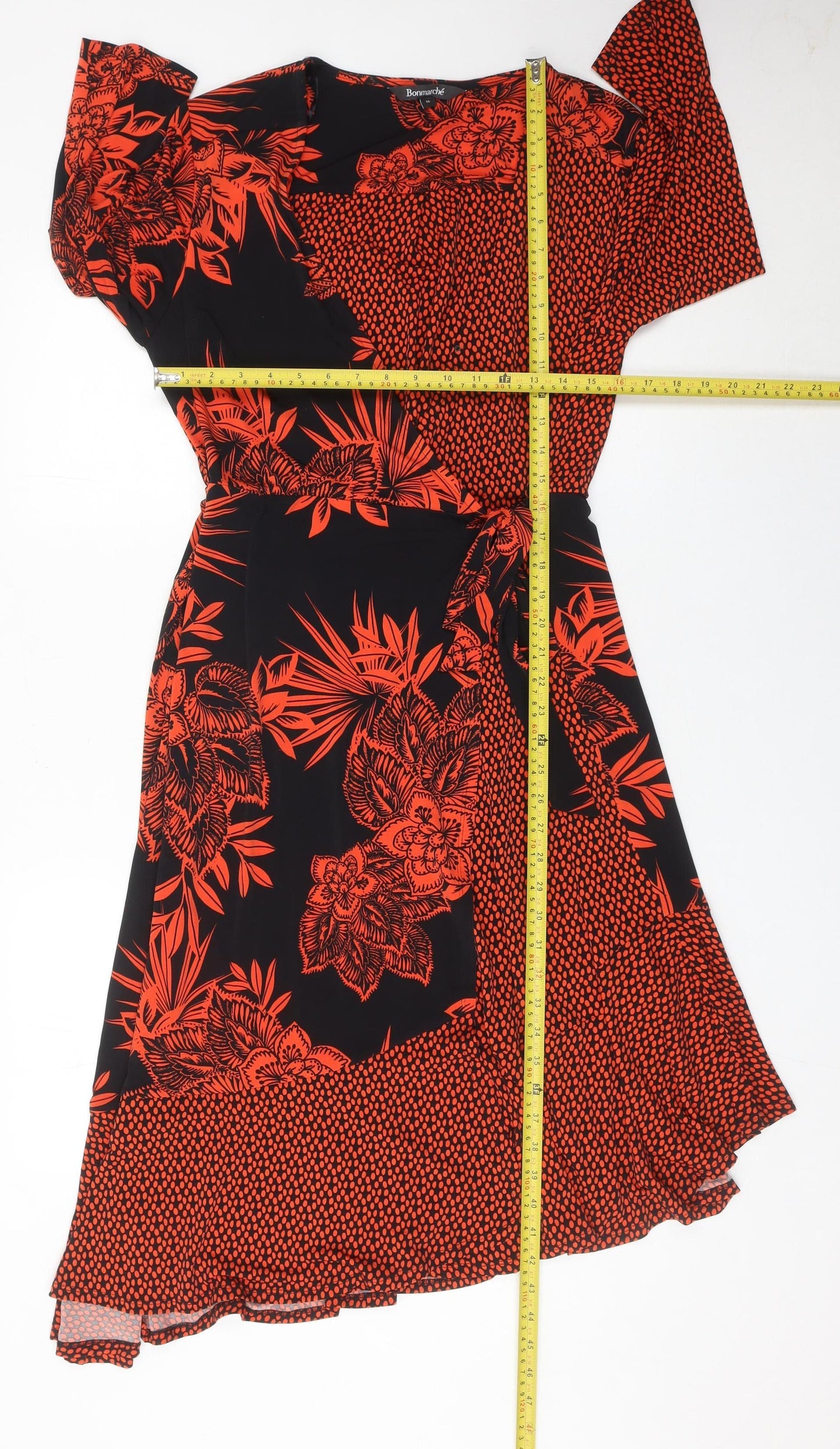 Bonmarché Women’s Black Red Floral Wrap Midi Dress Size 16