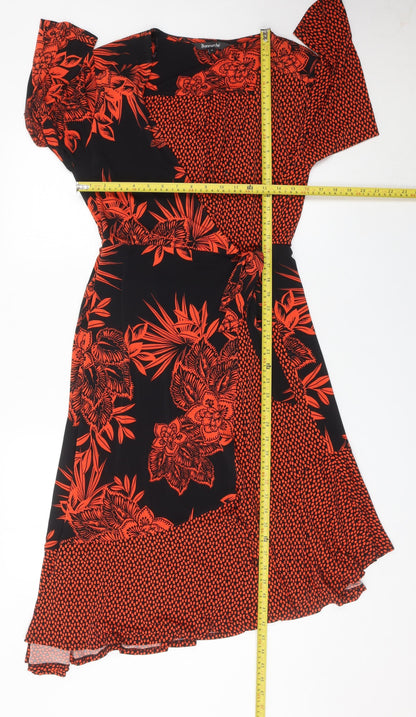 Bonmarché Women’s Black Red Floral Wrap Midi Dress Size 16