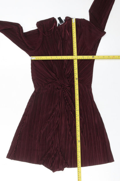 New Look Women’s Red Pleated Playsuit UK 8 Long Sleeve V-Neck