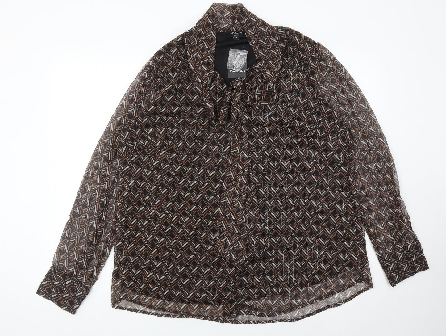 JD Williams Womens Brown Geometric Blouse Size 20 Collared Long Sleeve