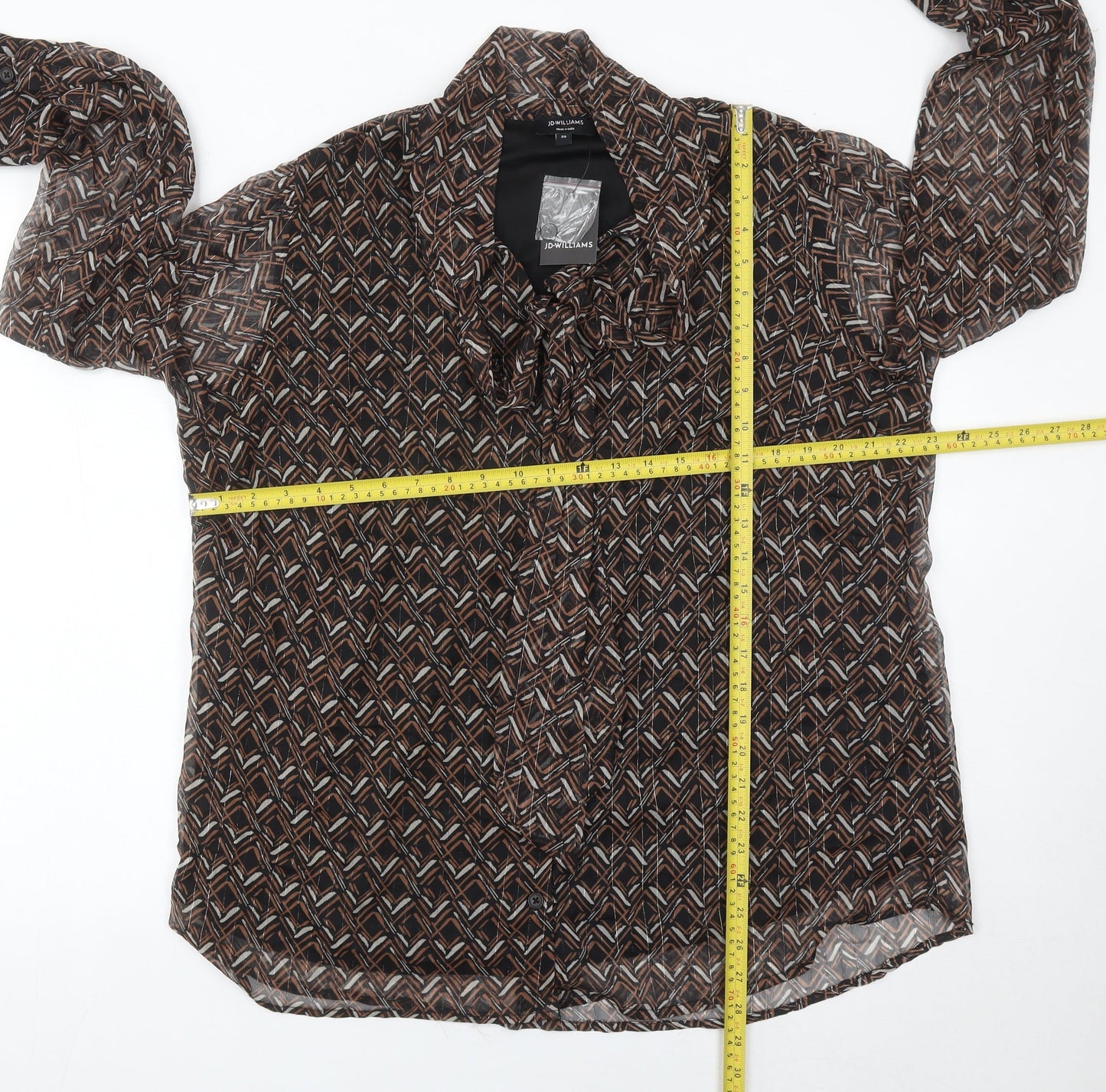 JD Williams Womens Brown Geometric Blouse Size 20 Collared Long Sleeve