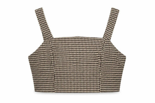 Front view of In The Style Women’s Brown Houndstooth Cropped Tank Top, size UK 16