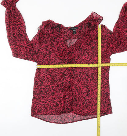 New Look Womens Red Animal Print Ruffle V-Neck Wrap Blouse Size 8