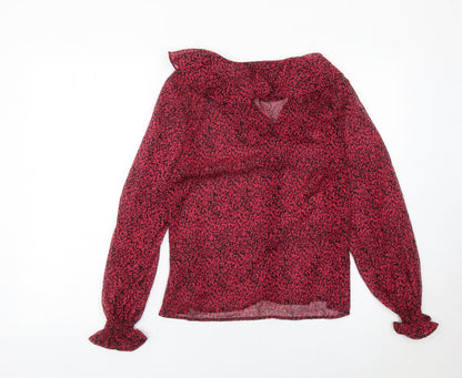 New Look Womens Red Animal Print Ruffle V-Neck Wrap Blouse Size 8