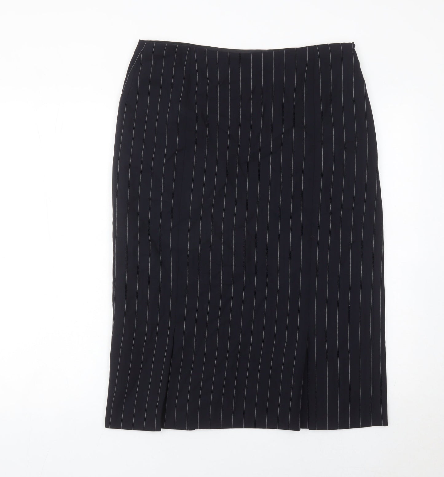 Jaeger Women Black Pinstripe Wool Midi Pencil Skirt UK 14