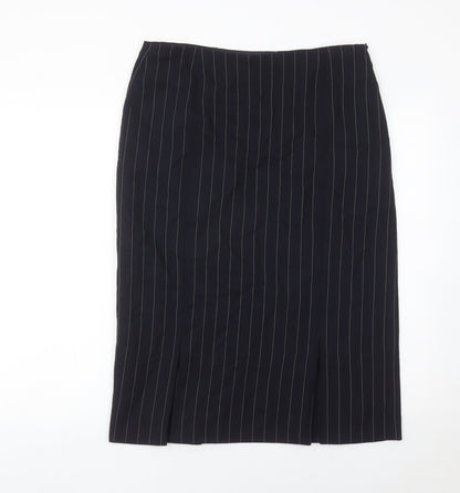 Jaeger Women Black Pinstripe Wool Midi Pencil Skirt UK 14
