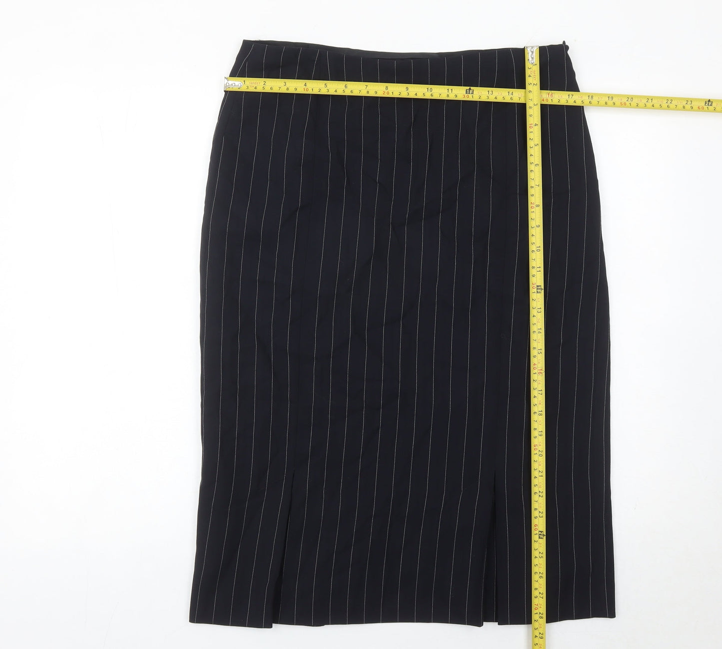 Jaeger Women Black Pinstripe Wool Midi Pencil Skirt UK 14