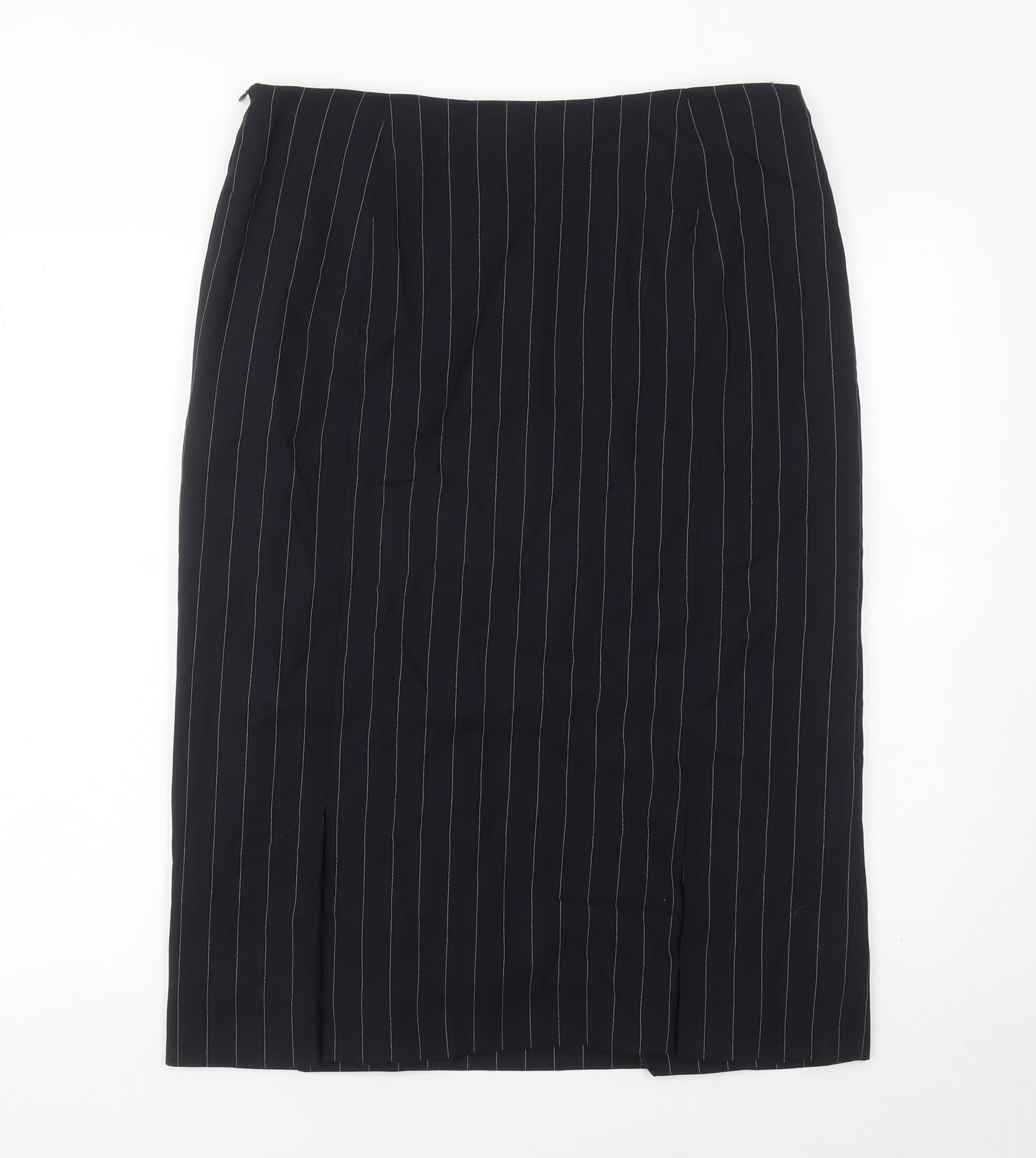 Jaeger Women Black Pinstripe Wool Midi Pencil Skirt UK 14