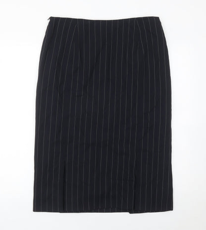 Jaeger Women Black Pinstripe Wool Midi Pencil Skirt UK 14