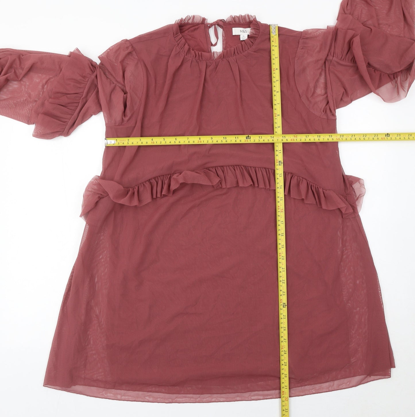 Marks and Spencer Women’s Petite Purple Shift Dress Size 14 Ruffle Long Sleeve
