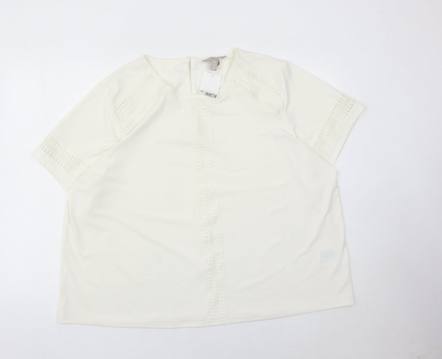 H&M Women Ivory Lace Trim Blouse Tunic Top XL Short Sleeve
