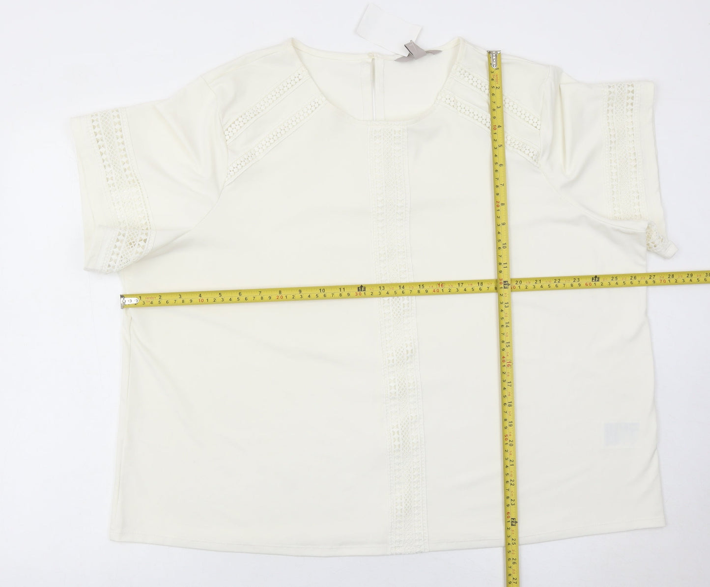 H&M Women Ivory Lace Trim Blouse Tunic Top XL Short Sleeve