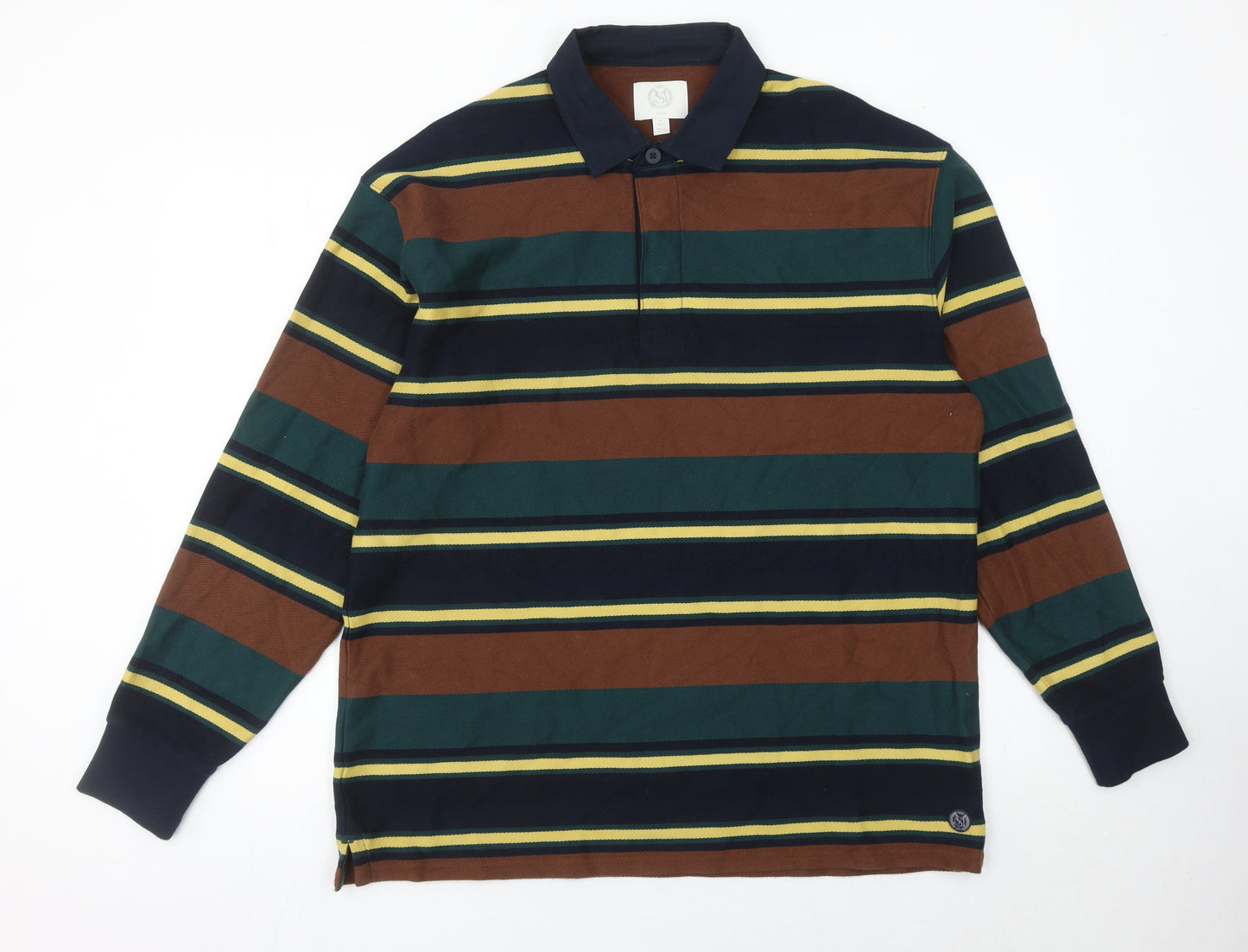 Marks and Spencer Men’s Brown Green Striped Polo Shirt Size M Long Sleeve