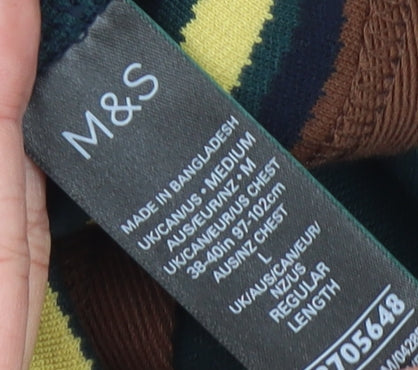 Marks and Spencer Men’s Brown Green Striped Polo Shirt Size M Long Sleeve