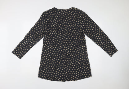 Adini Womens Black Floral Cotton Shift Dress L Long Sleeve