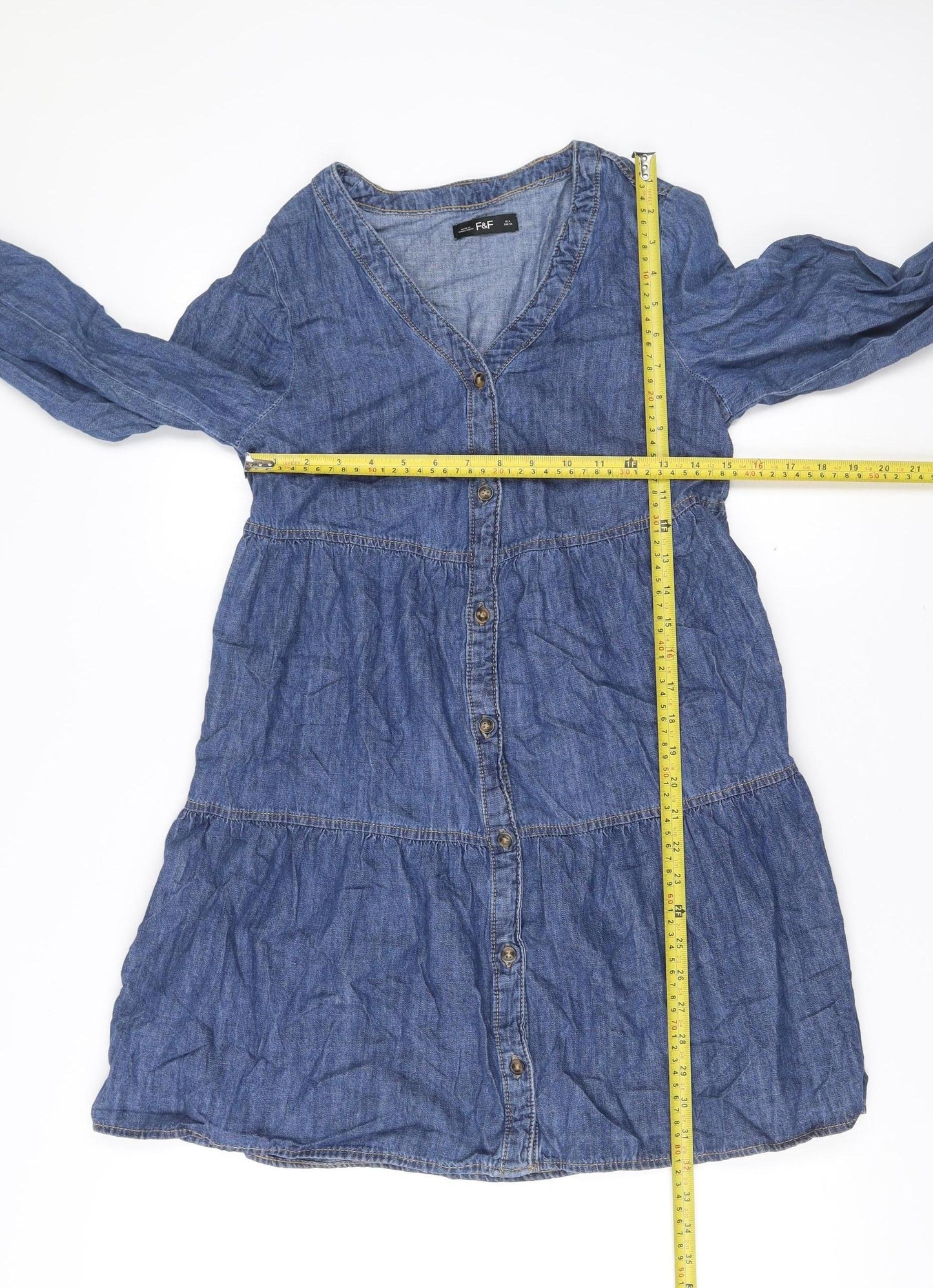 F&F Women’s Blue Denim Shirt Dress UK 6 Long Sleeve Casual