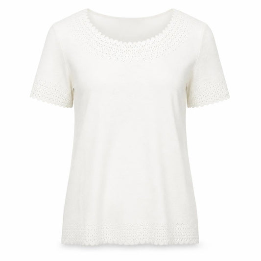 Anna Rose Women’s Ivory Crochet Trim Short Sleeve T-Shirt S