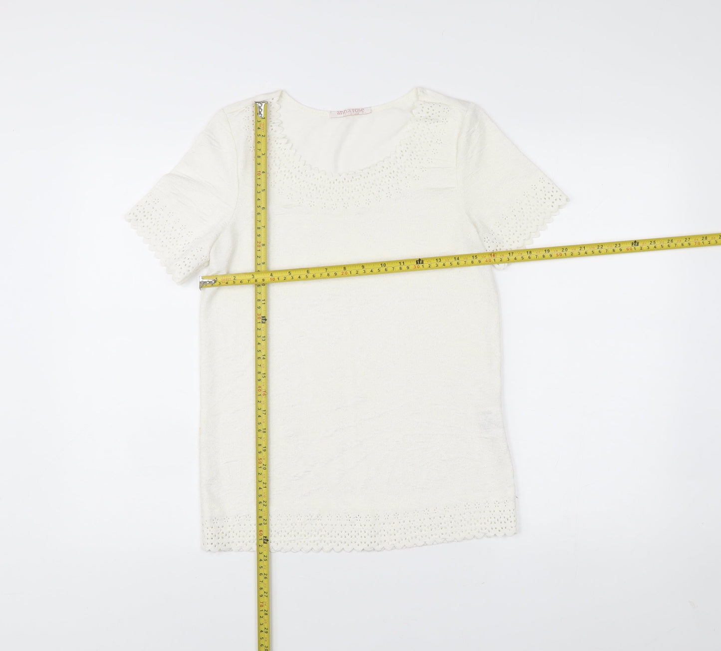 Anna Rose Women’s Ivory Crochet Trim Short Sleeve T-Shirt S
