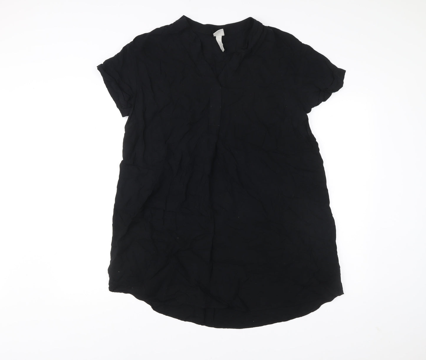H&M Women Black Viscose Shift Dress Size 12 Short Sleeve V-Neck