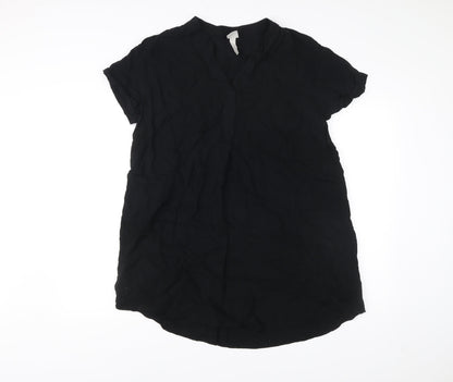 H&M Women Black Viscose Shift Dress Size 12 Short Sleeve V-Neck