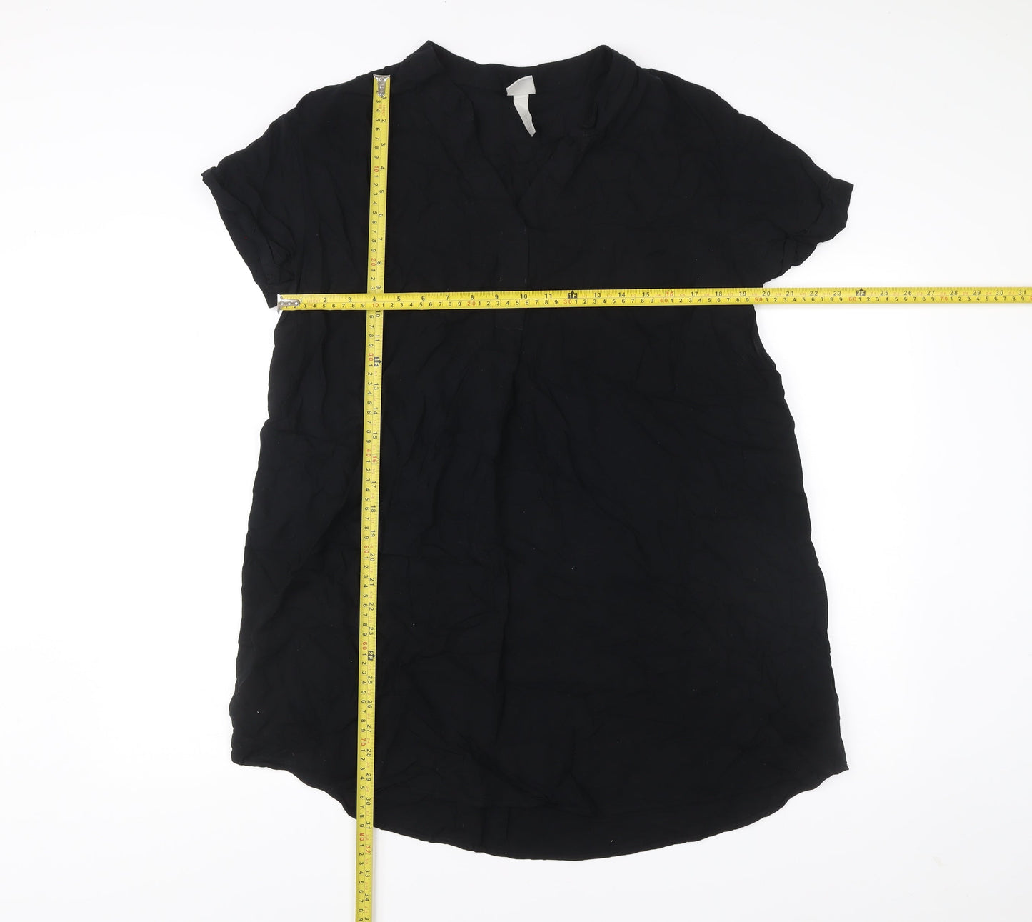 H&M Women Black Viscose Shift Dress Size 12 Short Sleeve V-Neck