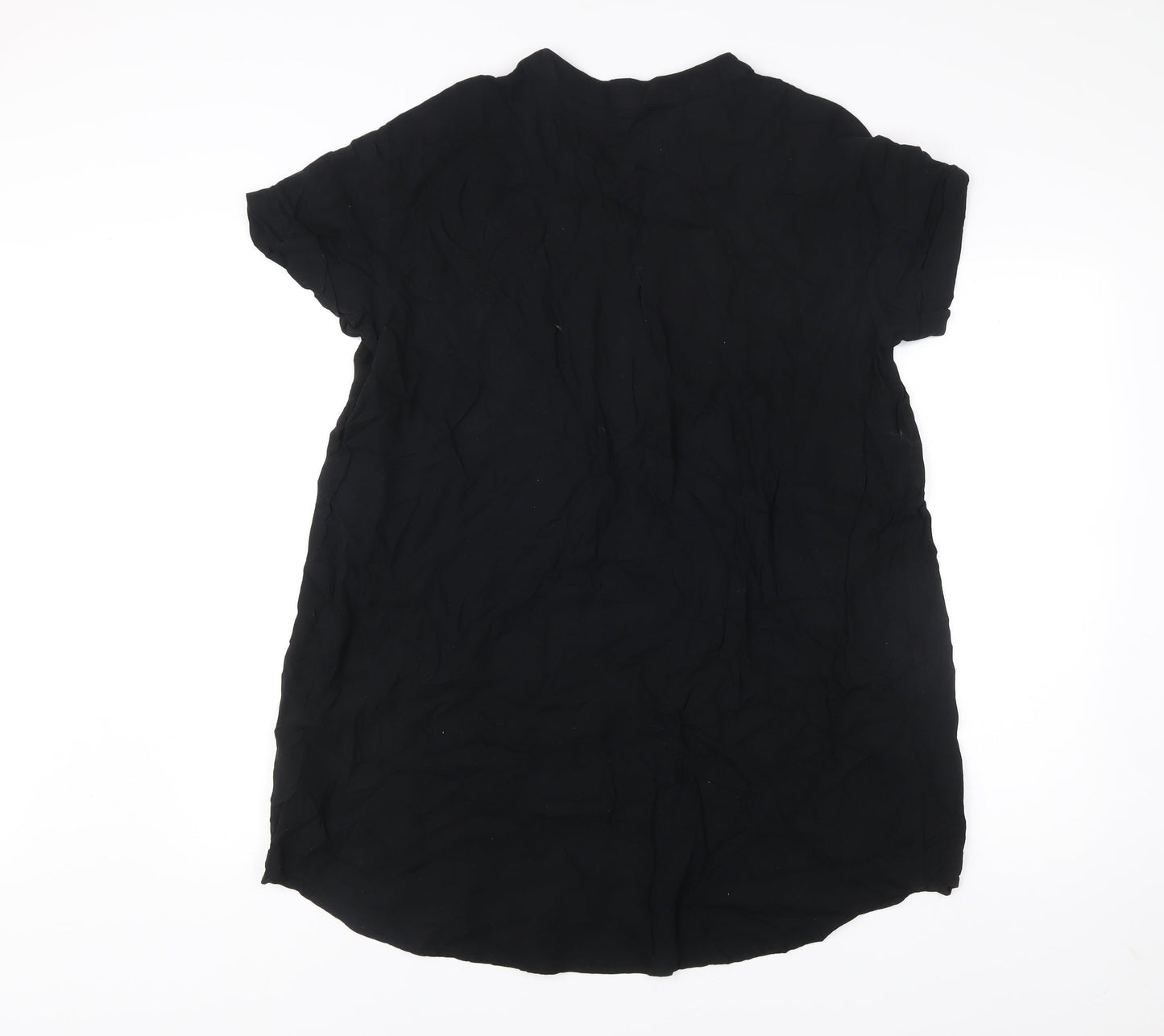 H&M Women Black Viscose Shift Dress Size 12 Short Sleeve V-Neck