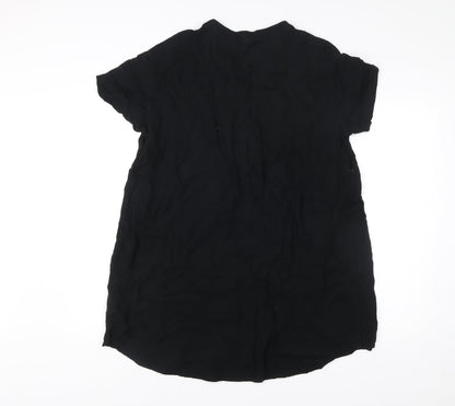 H&M Women Black Viscose Shift Dress Size 12 Short Sleeve V-Neck