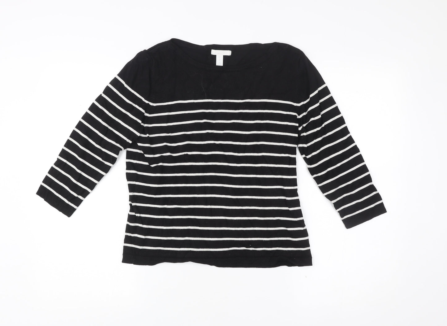 H&M Women Black White Striped Pullover Jumper Size 12 3/4 Sleeve