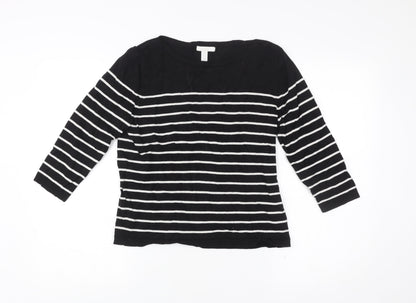 H&M Women Black White Striped Pullover Jumper Size 12 3/4 Sleeve