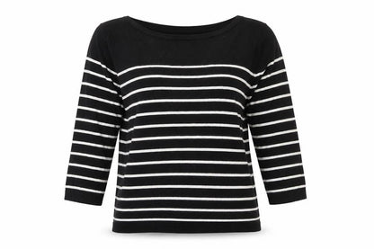 H&M Women Black White Striped Pullover Jumper Size 12 3/4 Sleeve