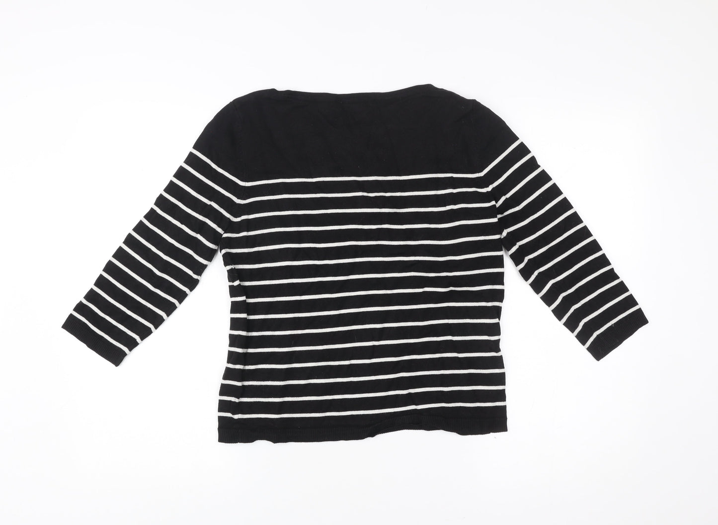 H&M Women Black White Striped Pullover Jumper Size 12 3/4 Sleeve
