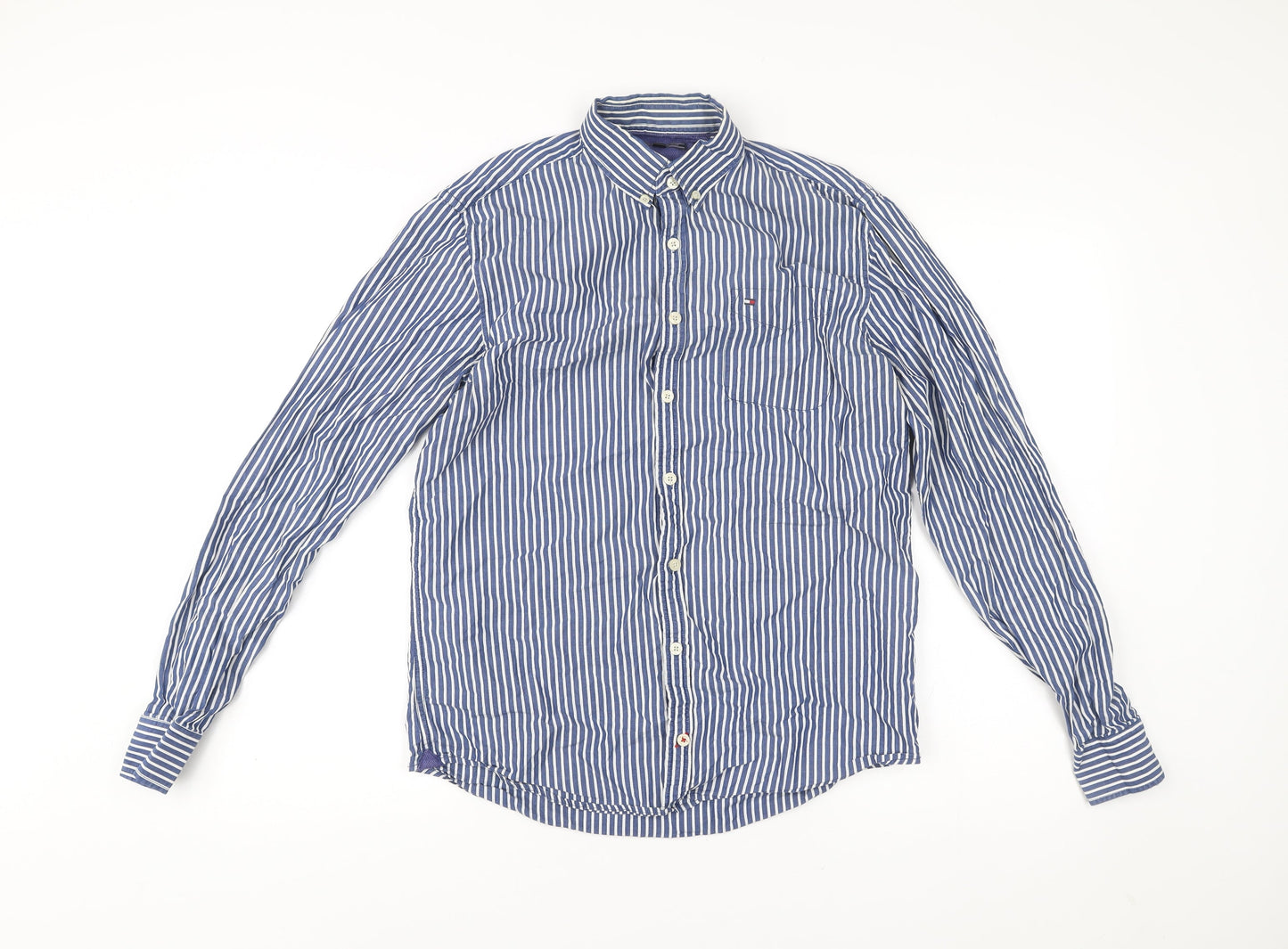 Tommy Hilfiger Men’s Blue Striped Dress Shirt M Long Sleeve Cotton