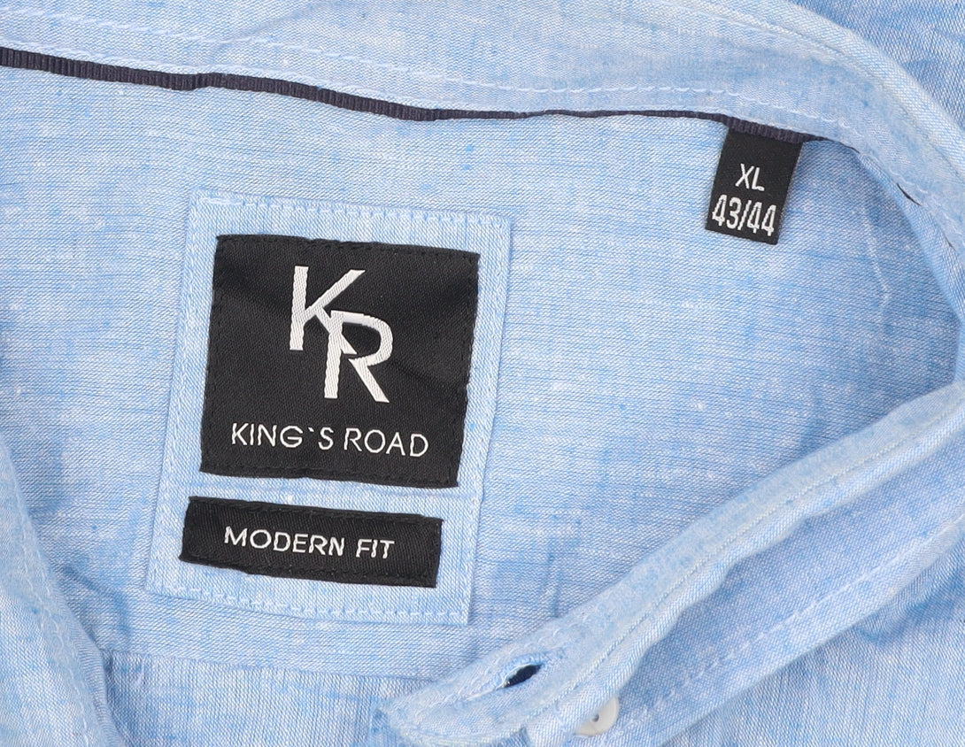 King's Road Men's Blue XL 43-44" Button-Up Linen Cotton Shirt