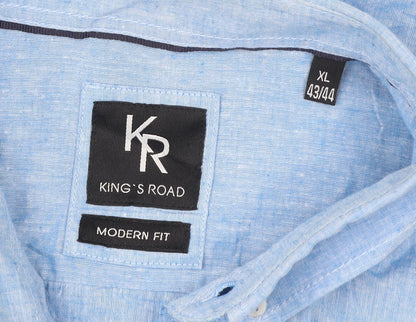 King's Road Men's Blue XL 43-44" Button-Up Linen Cotton Shirt
