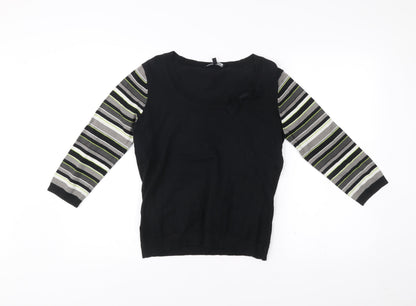 Laura Ashley Women’s Black Striped Jumper UK 12 Scoop Neck Pullover