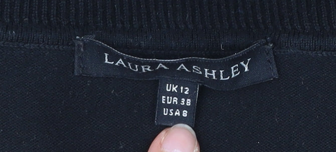 Laura Ashley Women’s Black Striped Jumper UK 12 Scoop Neck Pullover