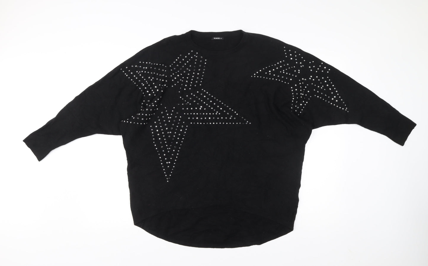 Roman Women’s Black Studded Star Jumper M Crew Neck Long Sleeve Knit