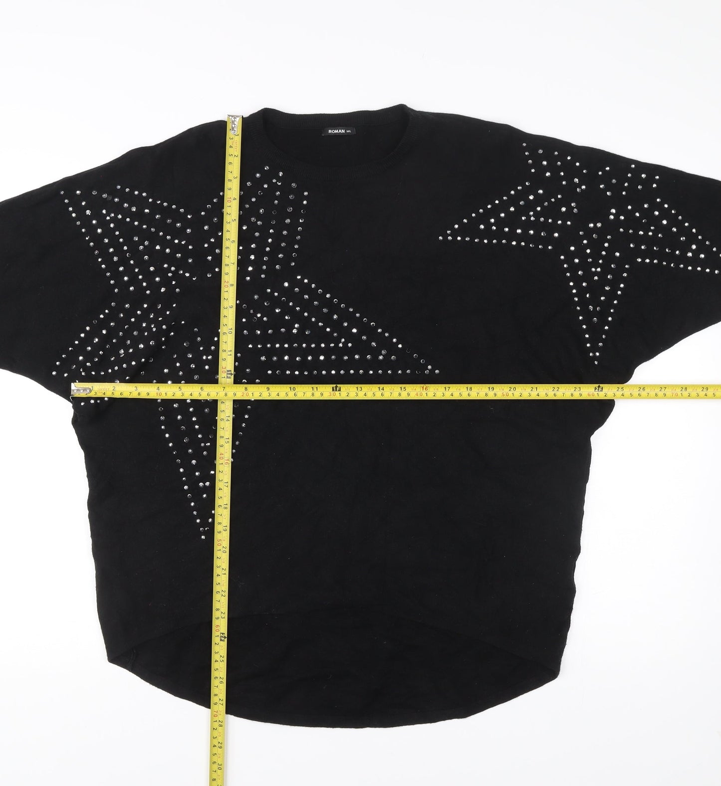 Roman Women’s Black Studded Star Jumper M Crew Neck Long Sleeve Knit