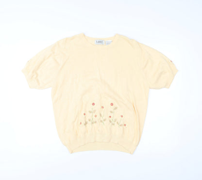Tabi International Womens Beige L Embroidered Floral Cotton Knit T-Shirt