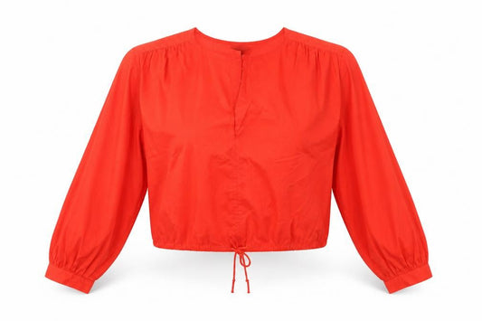 H&M Women Red Cropped Cotton Blouse Size S Balloon Sleeve