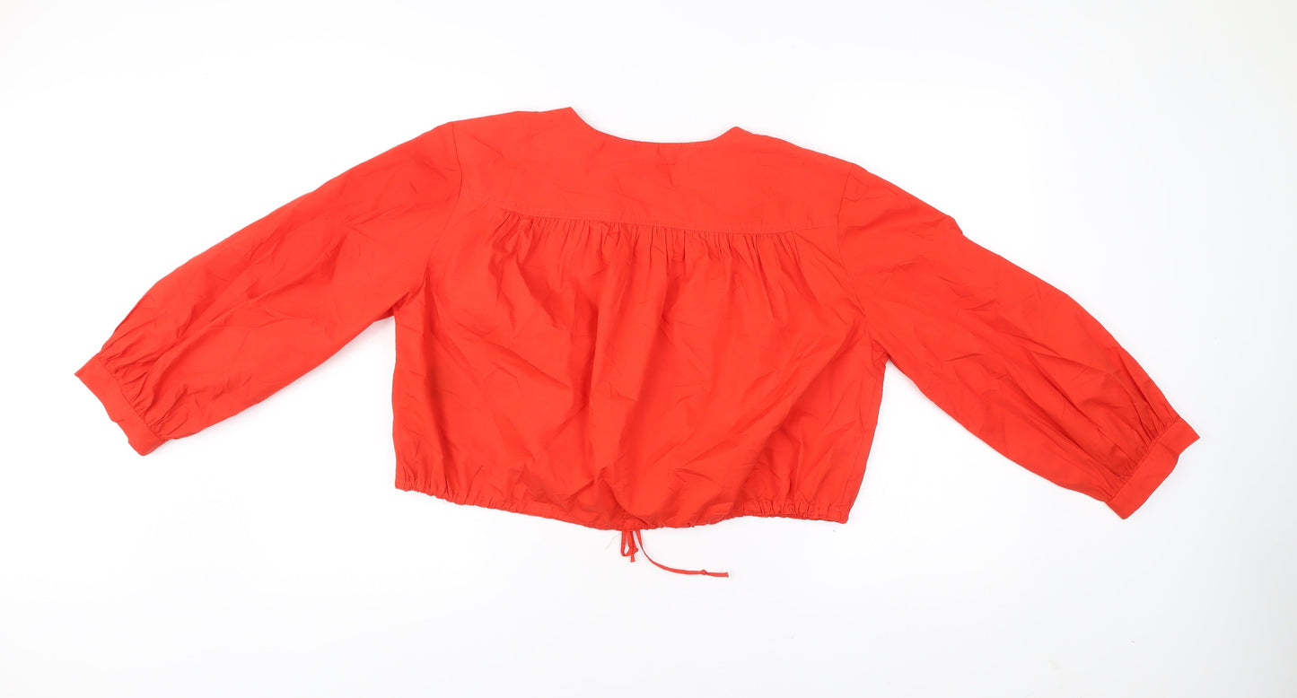 H&M Women Red Cropped Cotton Blouse Size S Balloon Sleeve
